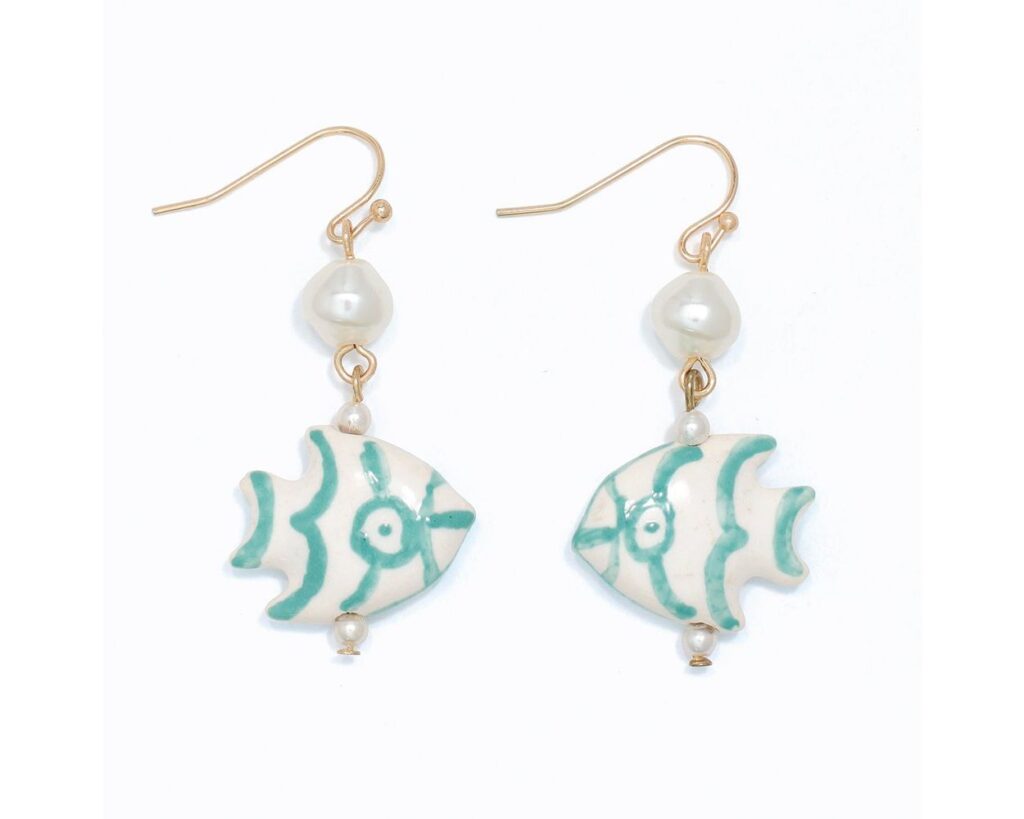 Hand Painted Ceramic Fish with Pearl Earrings