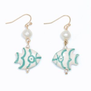 Hand Painted Ceramic Fish with Pearl Earrings