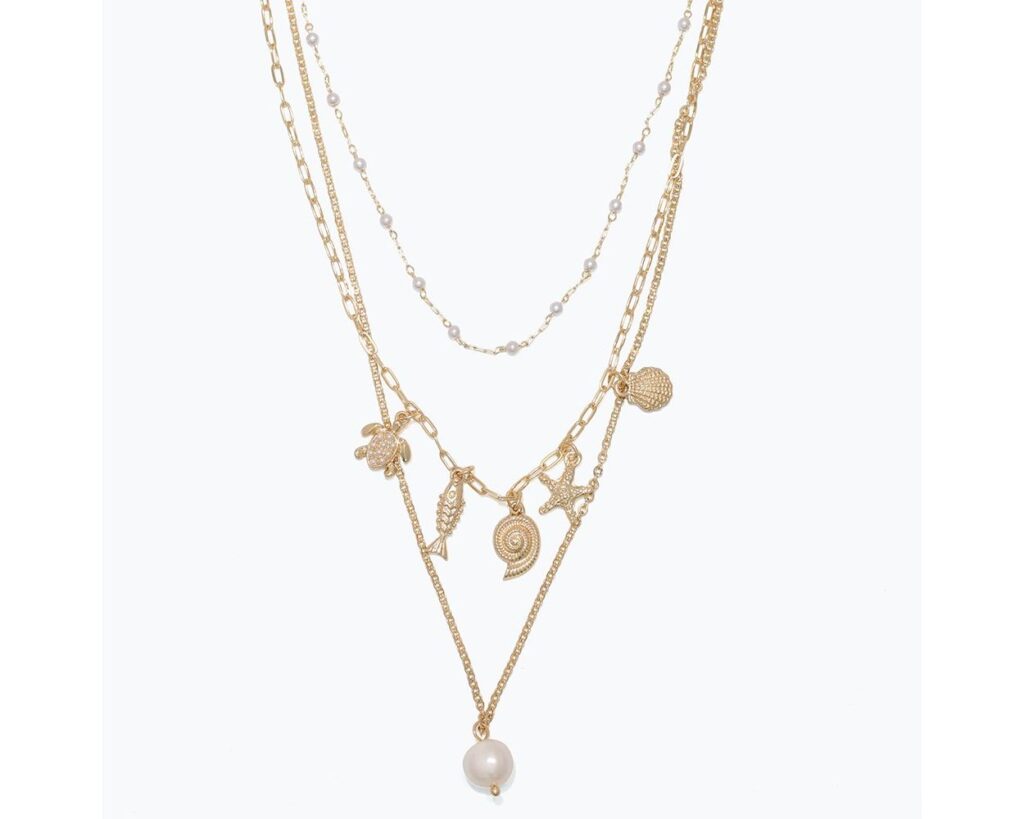 Layers of Gold Sea Life Charms and Pearls Necklace