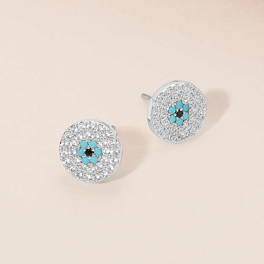 Silver Cz Pave Evil Eye Stud Earrings - Image 2