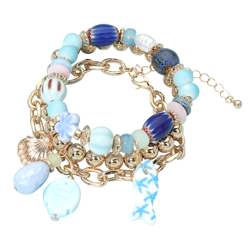 Ceramic Fish Ocean Pearl Charm Beaded Multi Layered Bracelets