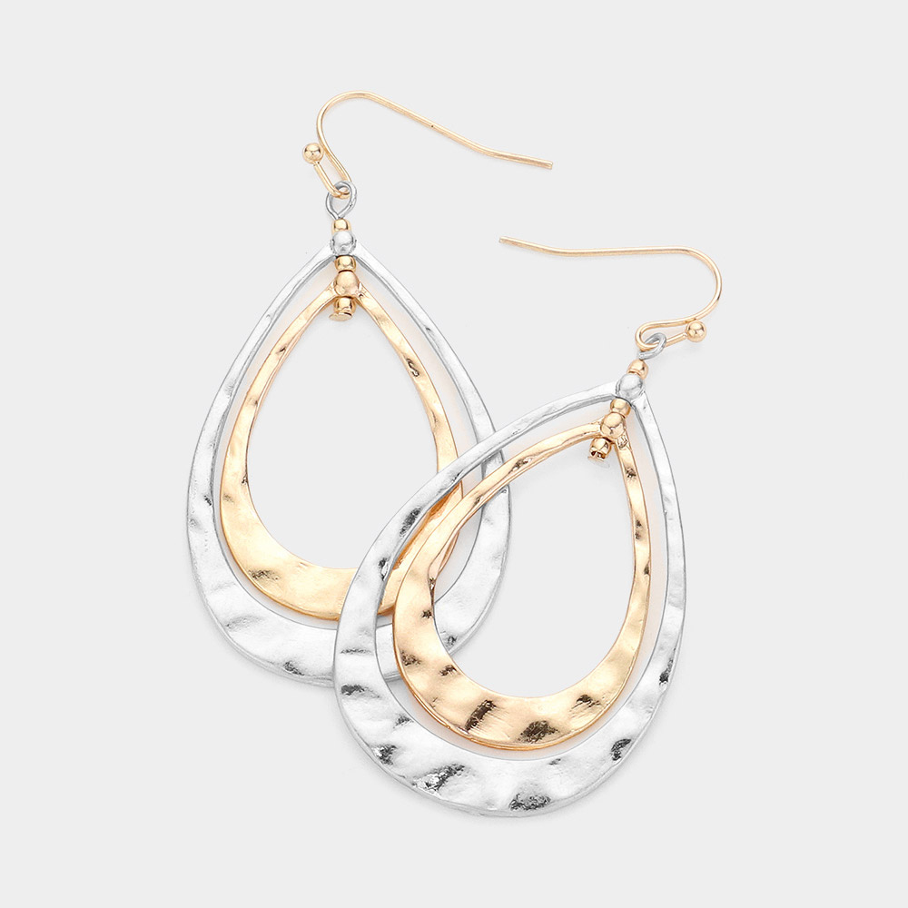 Hammered Metal Double Layered Teardrop Dangle Earrings