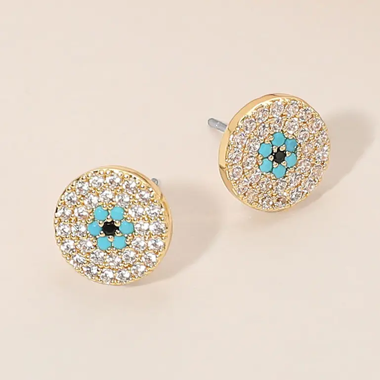 Gold CZ Pave Evil Eye Stud Earrings - Image 2