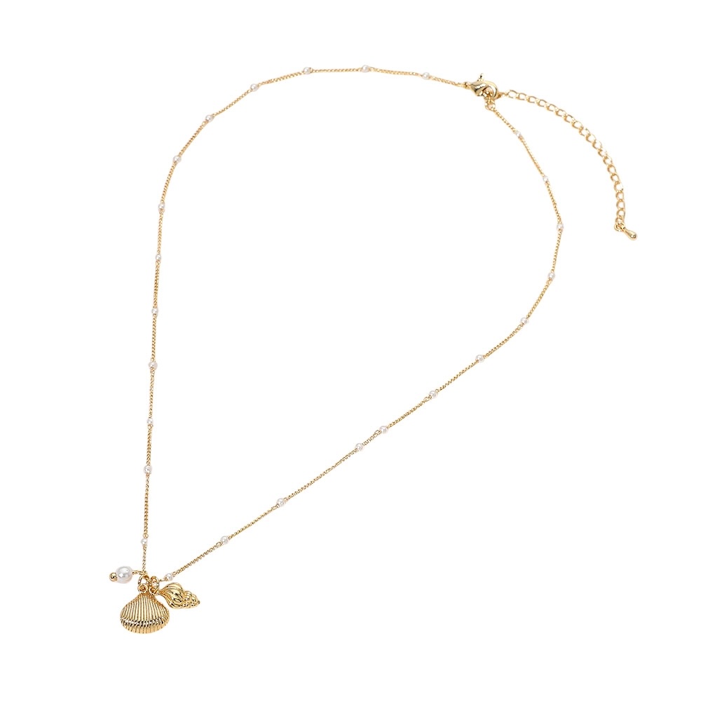 Seashell Charm Pearl Beaded Chain Necklace