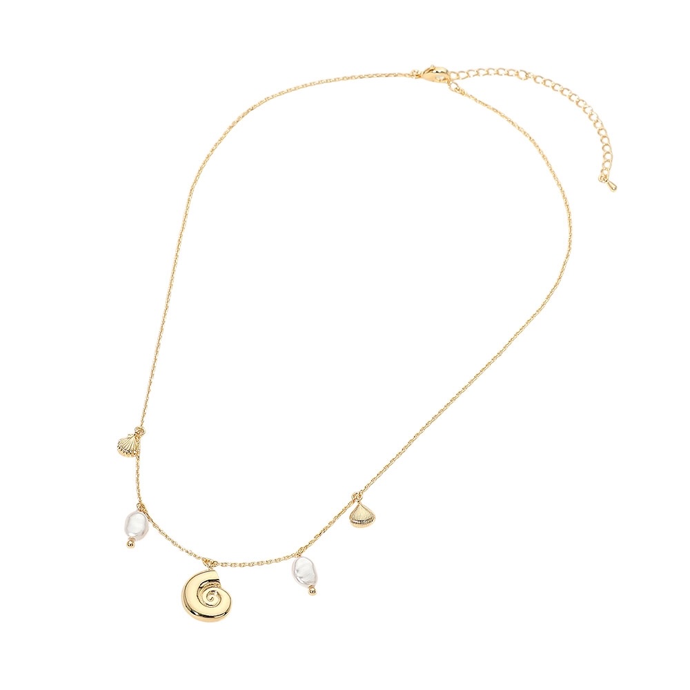 Spiral Shell Pearl Charm Station Necklace