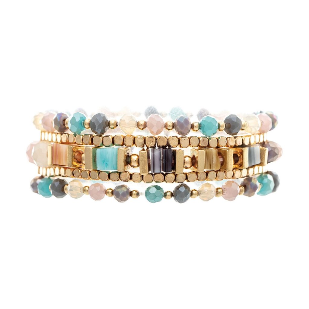 Gold Multicolor Square & Glass Bead Five Bracelet Set