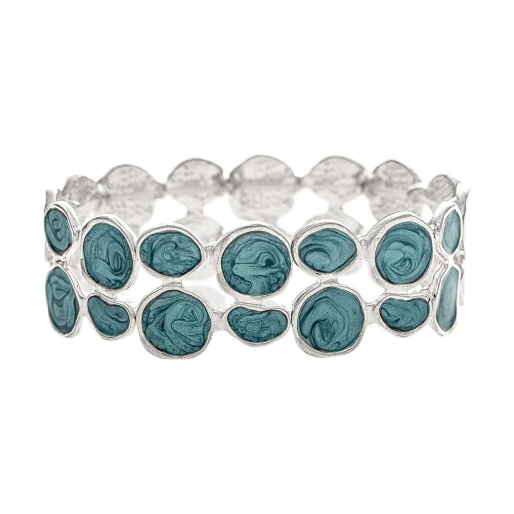 Silver Blue Epoxy Enamel Double Row Discs Bracelet