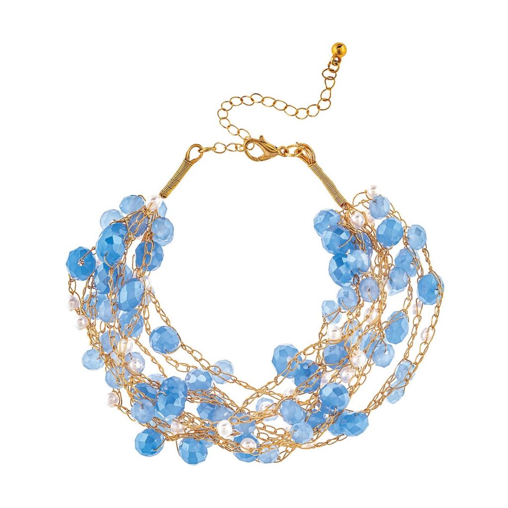 Gold Blue Pearl Bead Braided Chain Bundle Bracelet