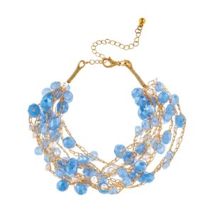 Gold Blue Pearl Bead Braided Chain Bundle Bracelet