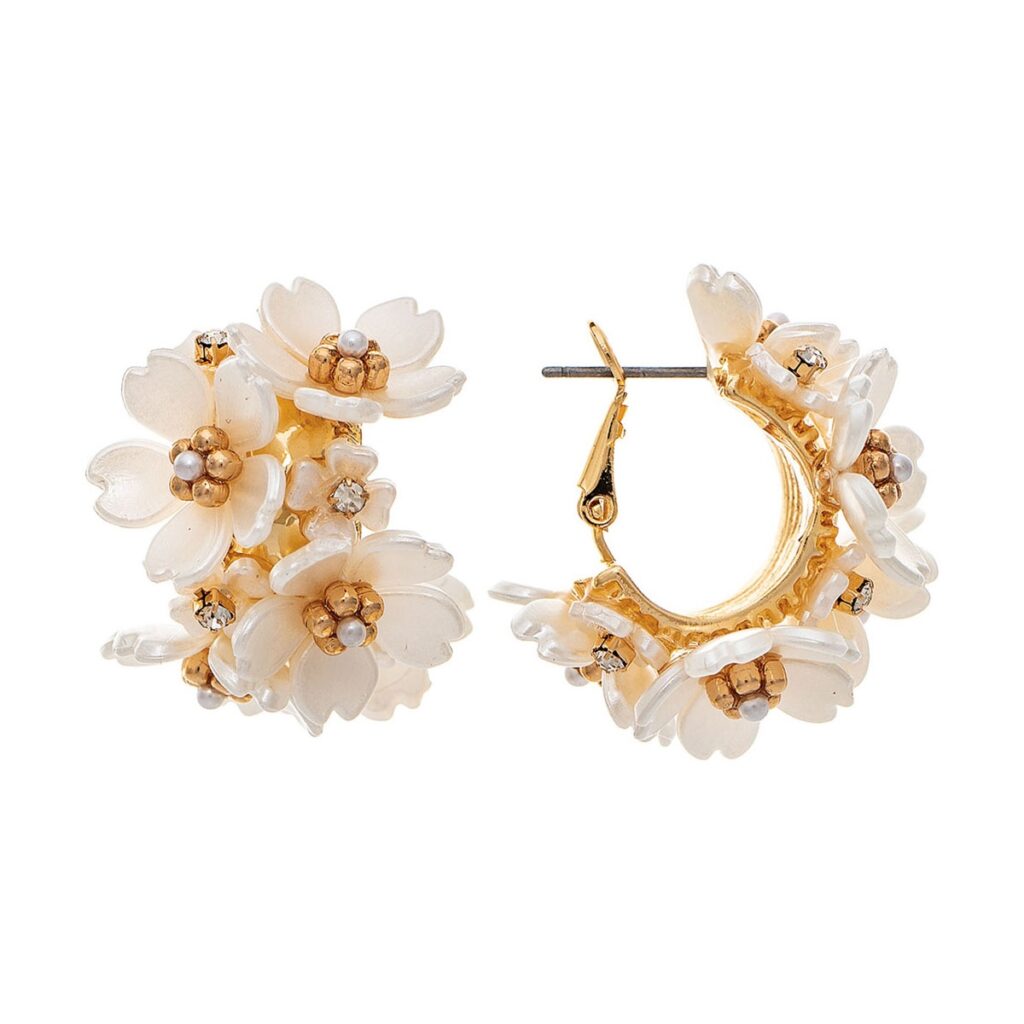 Gold White Flower Bunch Hoop Earring