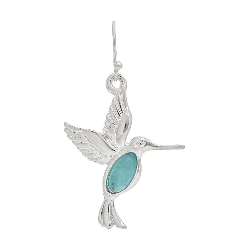 Matte Silver Blue Gem Bodied Hummingbird Earring