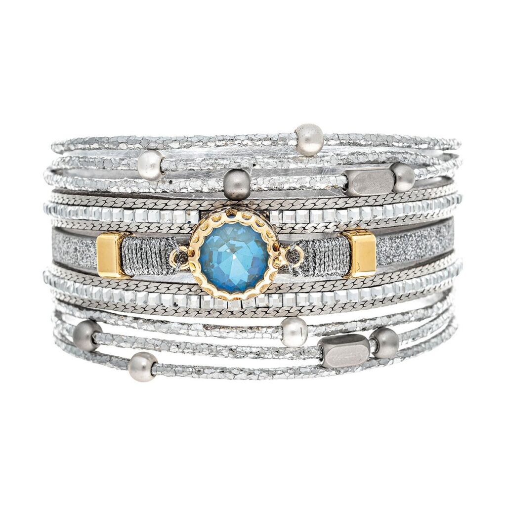 Silver Metallic Strip Opal Gem Bracelet