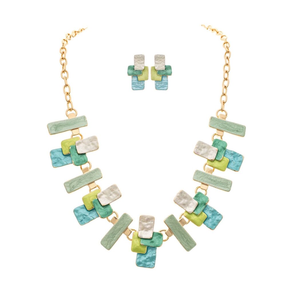 Gold Multicolor Green Layered Blocks Necklace Set