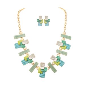 Gold Multicolor Green Layered Blocks Necklace Set