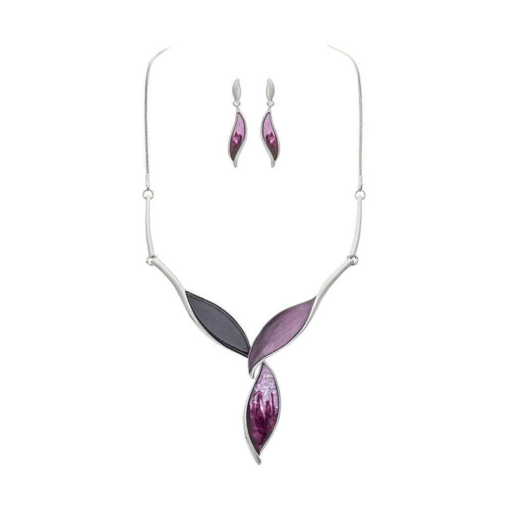 Silver Purple Leaves Necklace Set