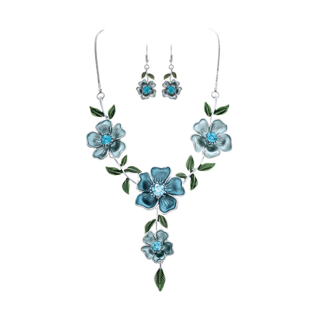 Silver Blue Forget Me Not Flower Necklace Set