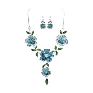 Silver Blue Forget Me Not Flower Necklace Set