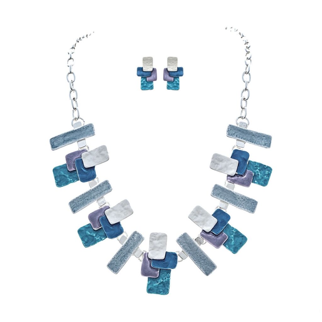 Silver Multicolor Blue Layered Blocks Necklace Set