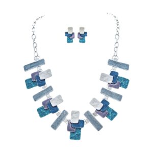 Silver Multicolor Blue Layered Blocks Necklace Set