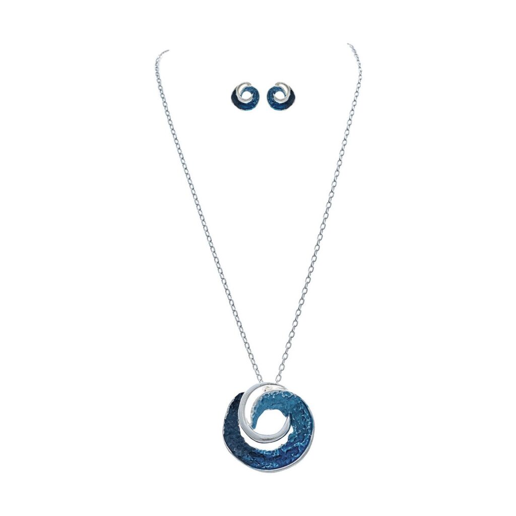 Silver Textured Blue Curl Wave Pendant Necklace Set