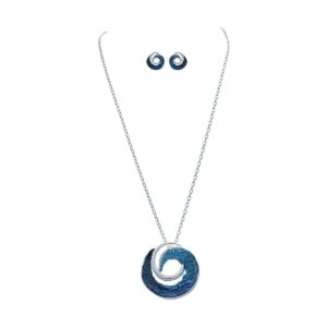Silver Textured Blue Curl Wave Pendant Necklace Set