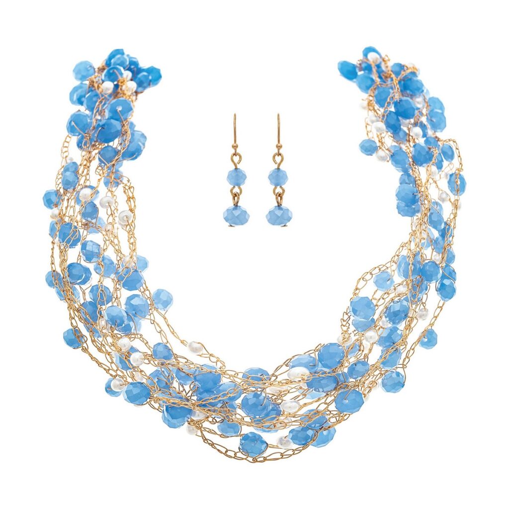 Gold Blue Pearl Bead Gold Chain Braid Bundle Necklace Set