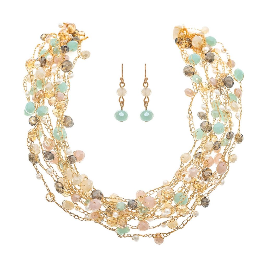 Gold Light Multicolor Pearl Bead Gold Chain Braid Bundle Necklace Set