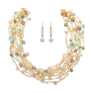 Gold Light Multicolor Pearl Bead Gold Chain Braid Bundle Necklace Set