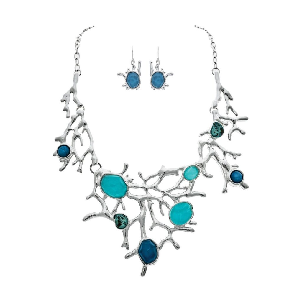 Shiny Silver Blue Sea Gem Coral Reef Statement Necklace Set