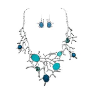 Shiny Silver Blue Sea Gem Coral Reef Statement Necklace Set