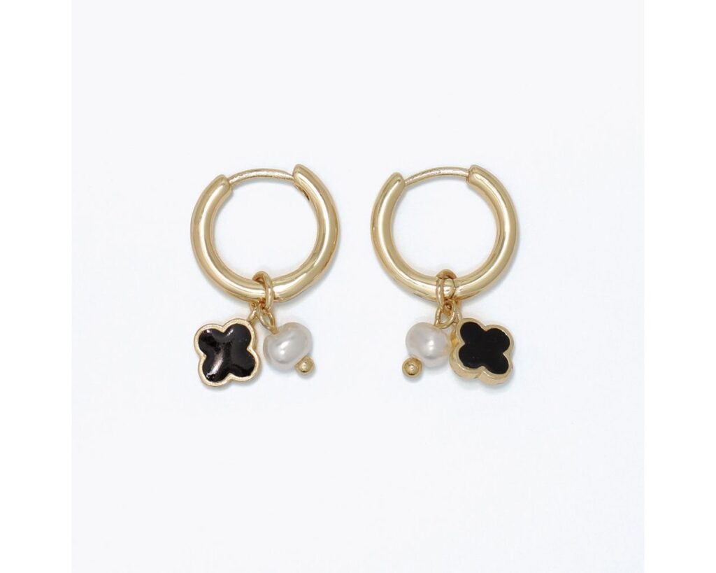 Mini Black Clover and Pearl Huggies Style Earrings