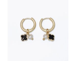 Mini Black Clover and Pearl Huggies Style Earrings