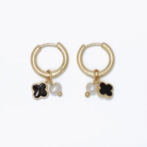 Mini Black Clover and Pearl Huggies Style Earrings